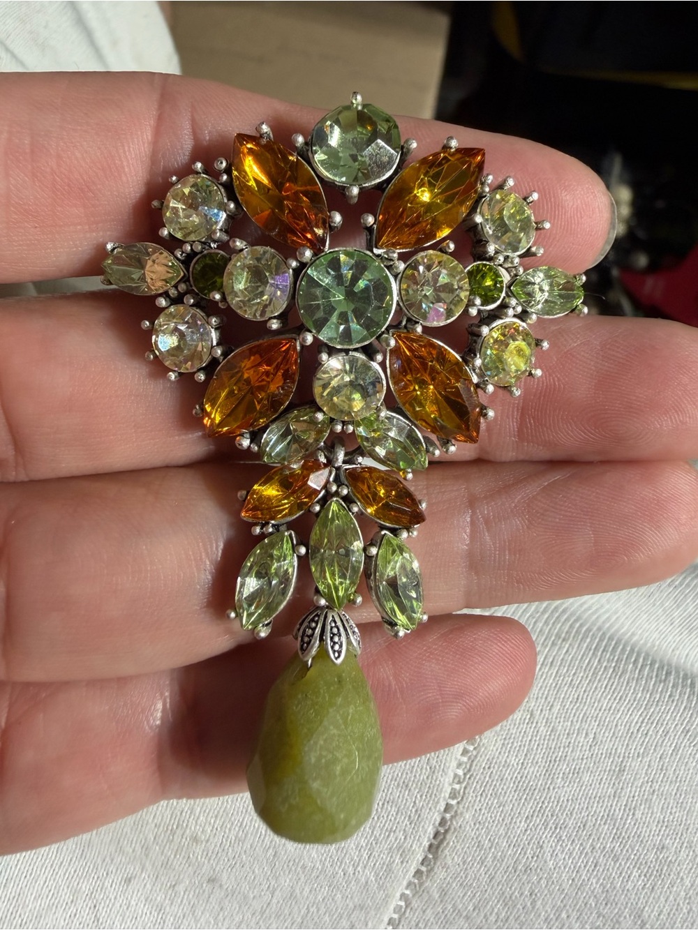 Vintage Silver Tone Green Crystal Floral Drop Brooch Necklace Pendant